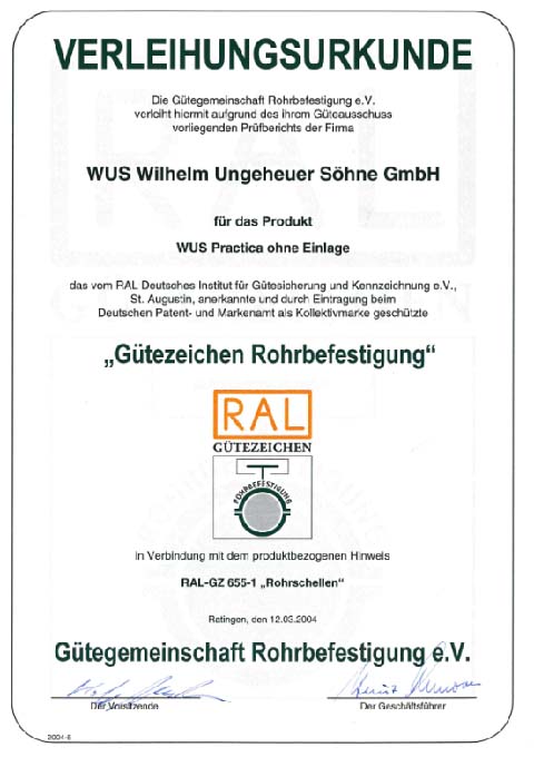 Certificate RAL-GZ 655-1 WUS Practica stainless Steel Clamp M10 unlined (GER)