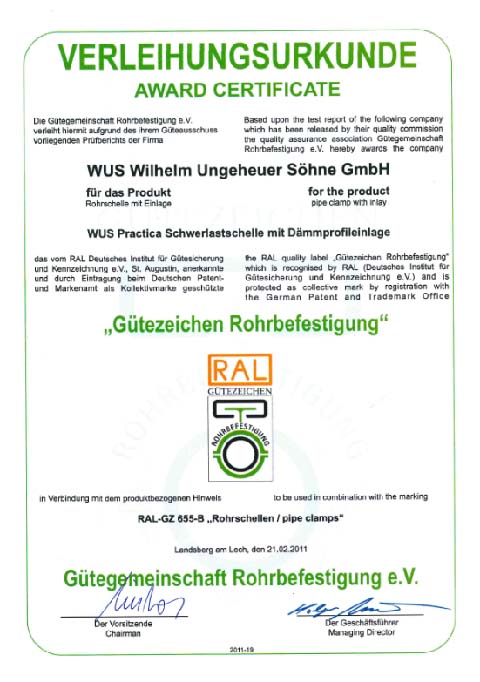 Urkunde RAL-GZ 655-B WUS Practica Schwerlastschelle mit Dämmprofileinlage