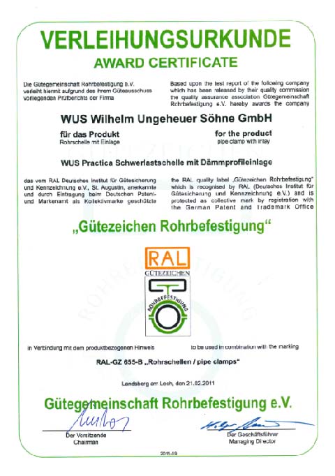 Certificate RAL-GZ 655-B WUS Practica Heavy Load Pipe Clamps lined