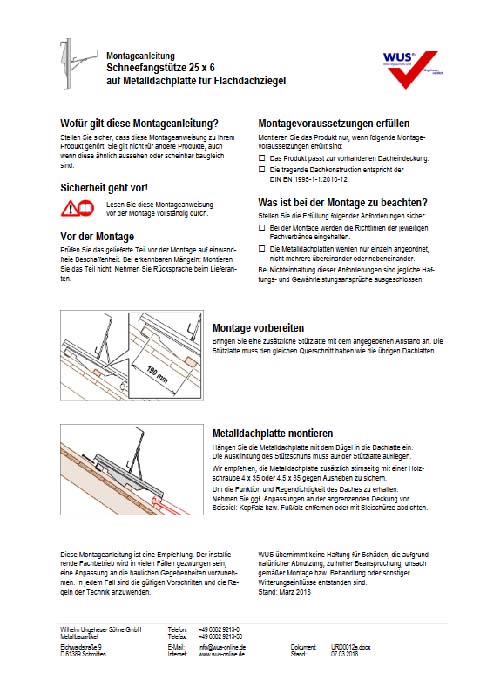 WUS Montageanleitung Schneefanggitterstütze genietet auf Metalldachplatte für Flachdachziegel