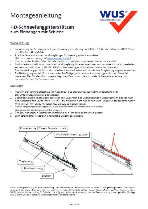 WUS installation instructions HD Snow Guard support - for hanging with rail