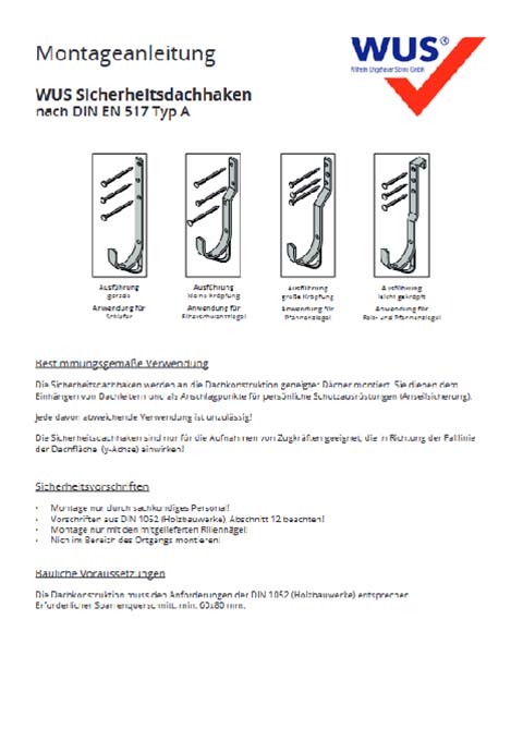 WUS Roof Safety Hooks installation instructions (GER)